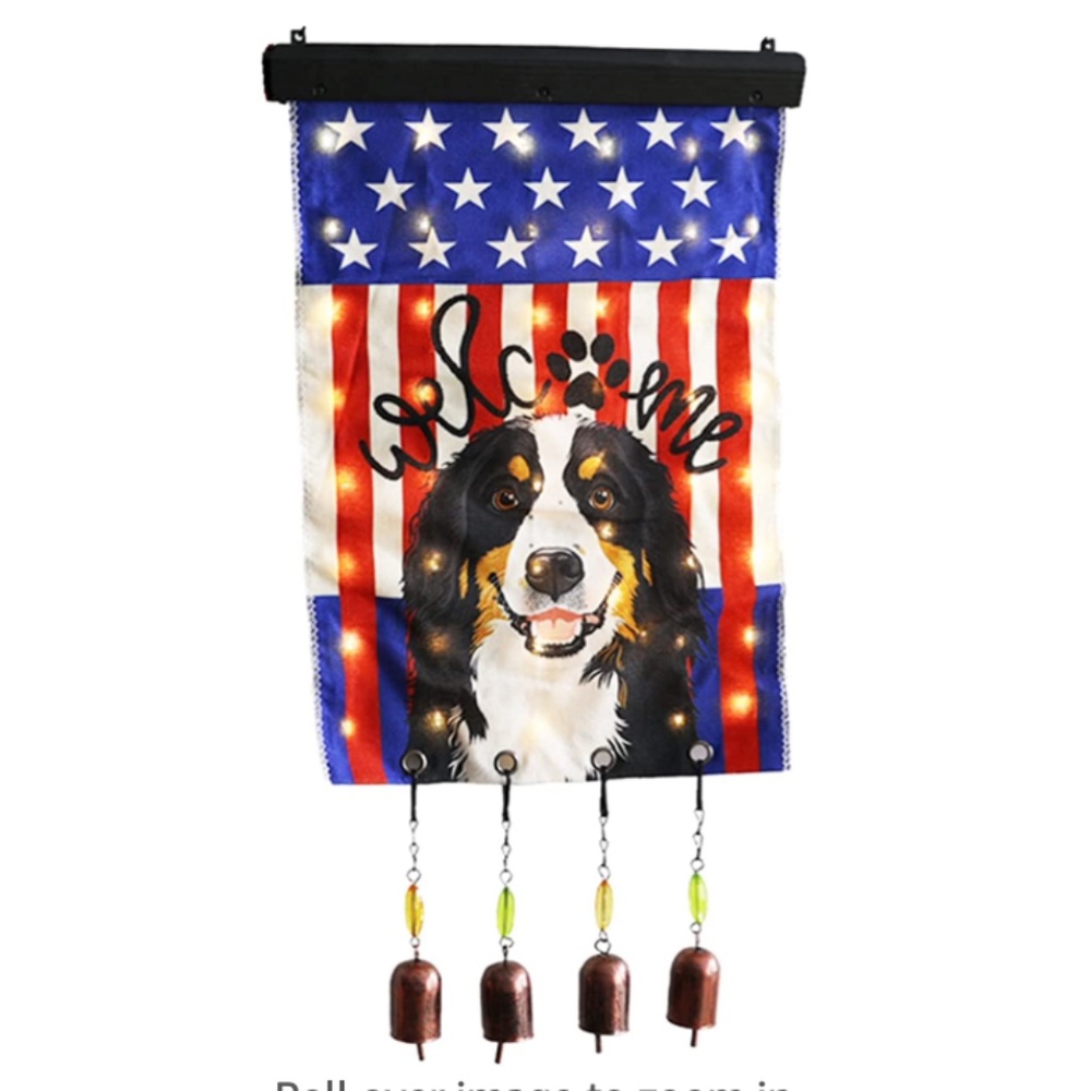 NEW Dog Themed Garden Flag with Solar Lights-Wind Chimes (24x12 inches)